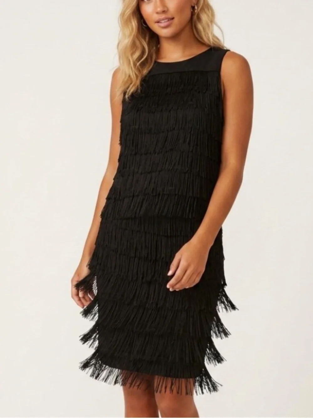 Eliza J Black Fringe Sleeveless Top and Skirt Two Piece Set Size 6 8578